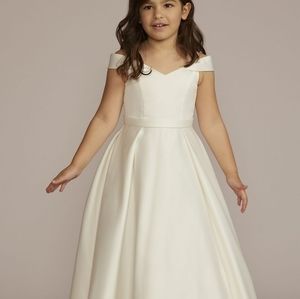 Satin Off-the-Shoulder Flower Girl Dress with Pockets. From David's Bridal